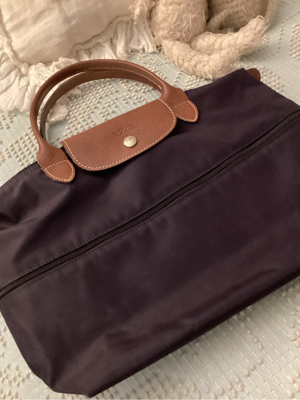 Longchamp Le Pliage Small Nylon Tote - Dark grape with Brown Leather